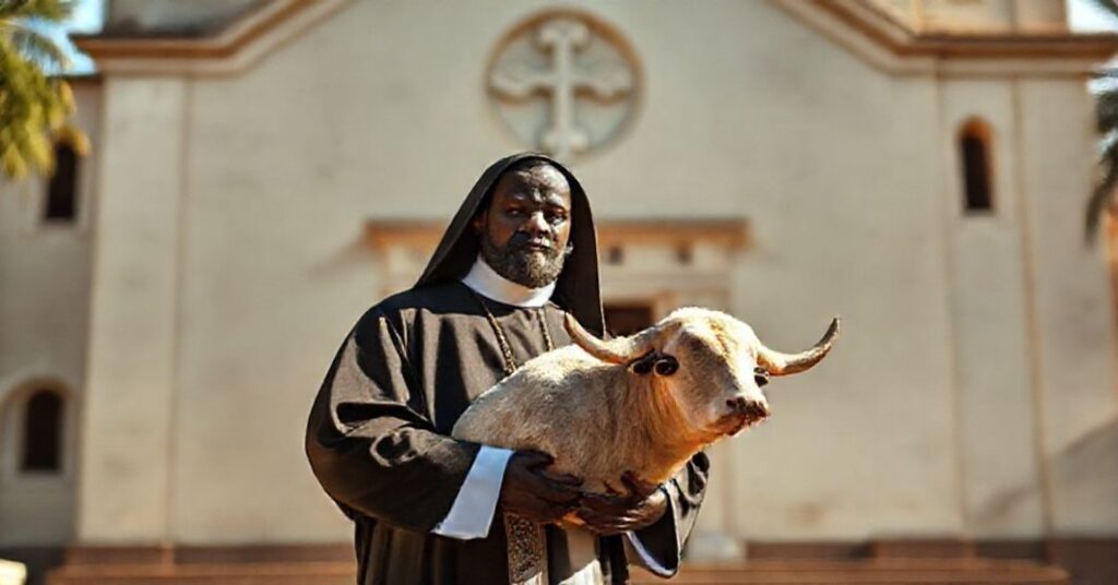 A Capuchin friar holding a papal bull in front of the Sacred Heart Church in Moundou, reflecting the 1959 apostolic constitution 'Munduensis' and its role in the conciliar revolution.