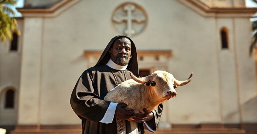 A Capuchin friar holding a papal bull in front of the Sacred Heart Church in Moundou, reflecting the 1959 apostolic constitution 'Munduensis' and its role in the conciliar revolution.