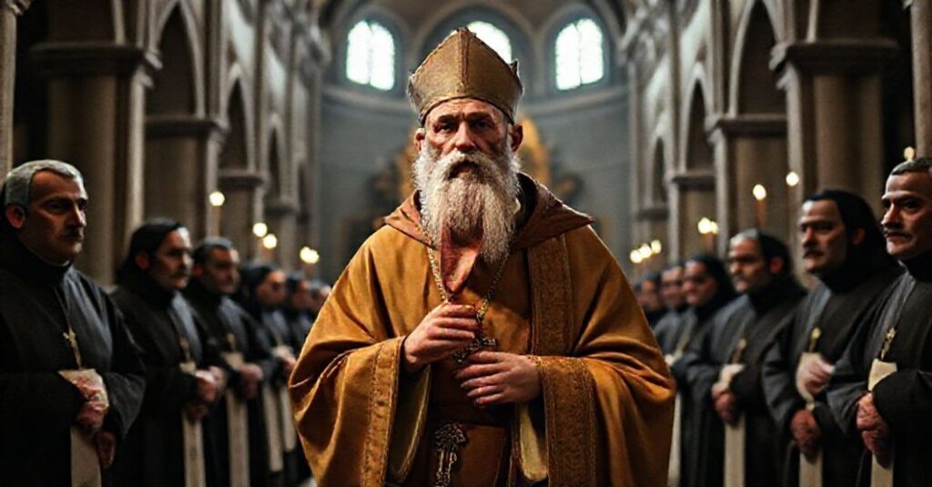 Saint Anthony of Padua with his incorrupt tongue in a basilica surrounded by Franciscan friars, juxtaposed with faint modernist elements of the Second Vatican Council in the background.