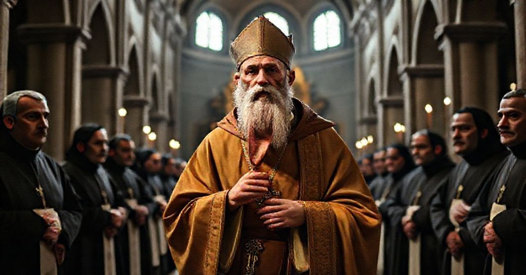 Saint Anthony of Padua with his incorrupt tongue in a basilica surrounded by Franciscan friars, juxtaposed with faint modernist elements of the Second Vatican Council in the background.