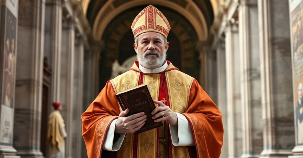Saint Antoninus of Florence in traditional episcopal vestments, holding a book of moral theology in a Florentine cathedral, with a faint figure of antipope John XXIII in the background.