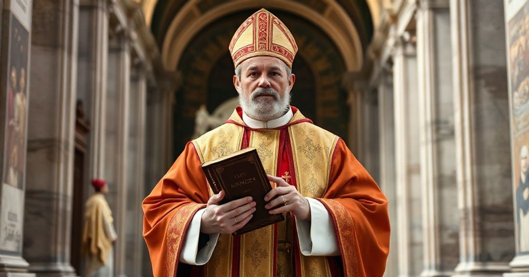 Saint Antoninus of Florence in traditional episcopal vestments, holding a book of moral theology in a Florentine cathedral, with a faint figure of antipope John XXIII in the background.