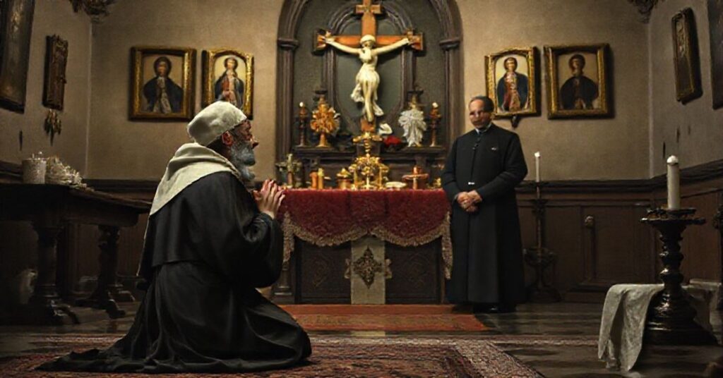 Saint Gabriel of Our Lady of Sorrows kneeling in prayer before a traditional Catholic altar with Malcolm Lavelle observing in a dimly lit chapel, reflecting pre-conciliar devotion and doctrinal rigor.