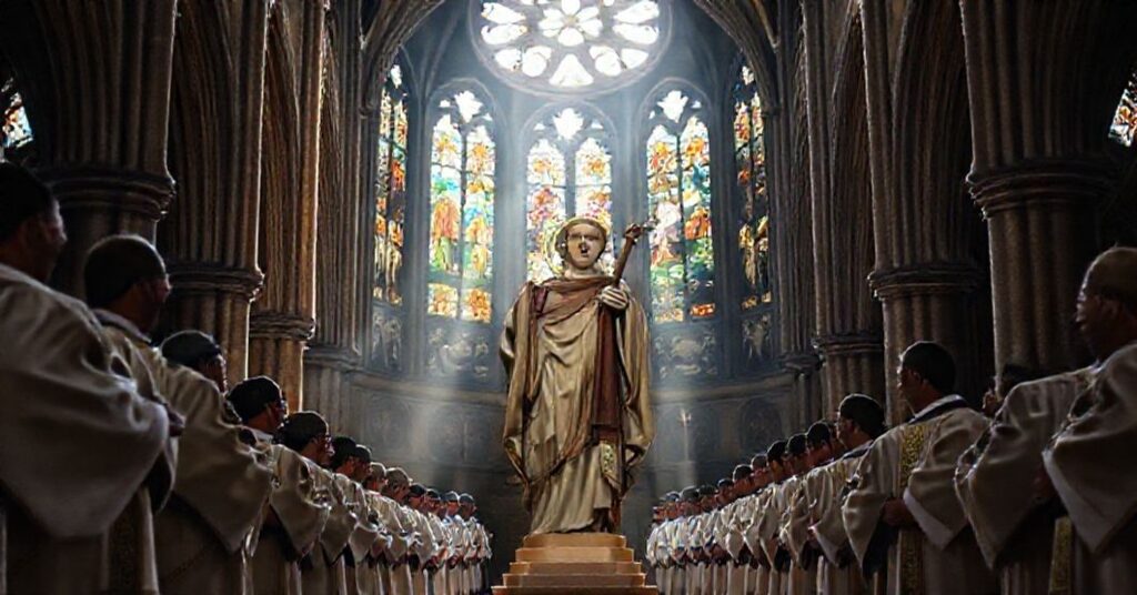 A reverent cathedral scene with a statue of Saint Isidore the Farmer, surrounded by clergy in traditional vestments, reflecting Catholic devotion and the significance of divine patronage.