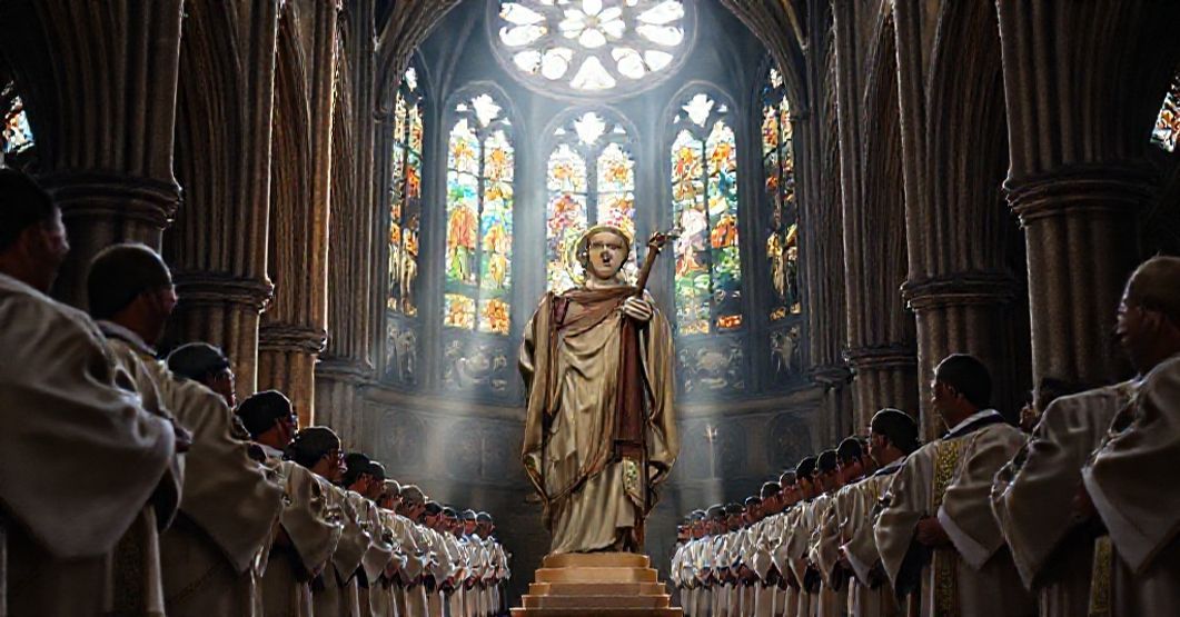 A reverent cathedral scene with a statue of Saint Isidore the Farmer, surrounded by clergy in traditional vestments, reflecting Catholic devotion and the significance of divine patronage.