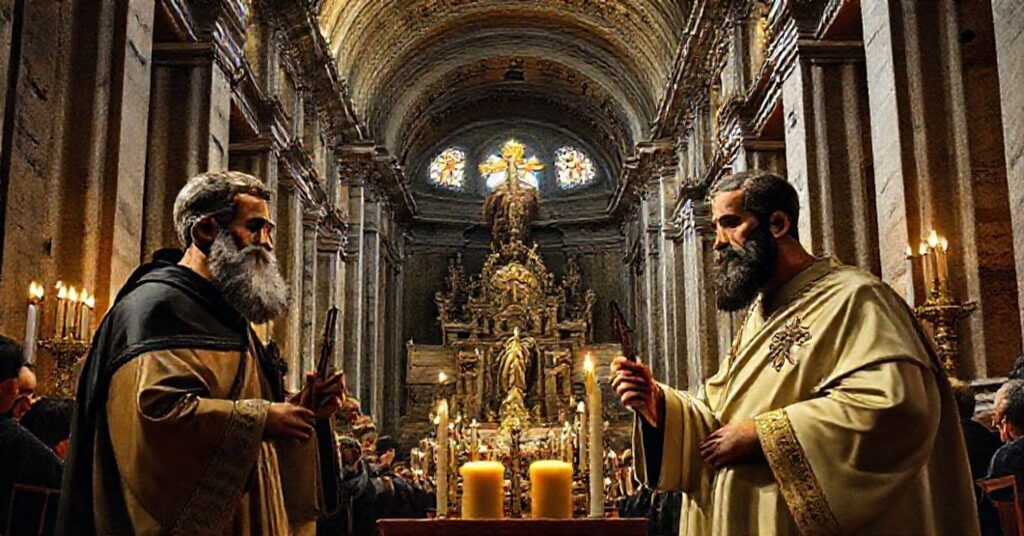 A reverent depiction of St. James the Less and St. Philip in the Basilica of the Holy Apostles, Rome, commemorating their martyrdom and contrasting true apostolic devotion with the conciliar revolution.