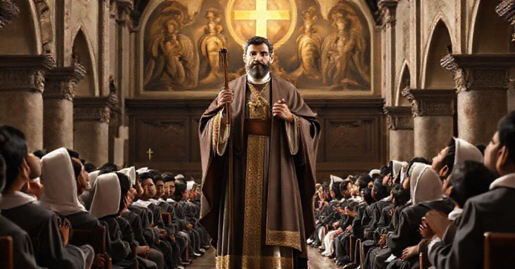 Saint John Bosco stands solemnly in a traditional Catholic church, surrounded by Colombian youth workers in vocational training, highlighting his patronage and spiritual guidance over them.