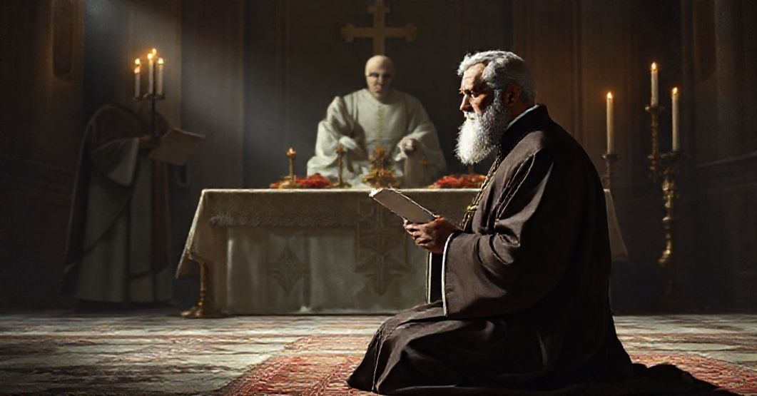 Portrait of St. Joseph Cafasso in traditional priestly garb before an altar with pre-1958 Roman Rite symbols, contrasting with a shadowy figure of antipope John XXIII holding a document in the background.