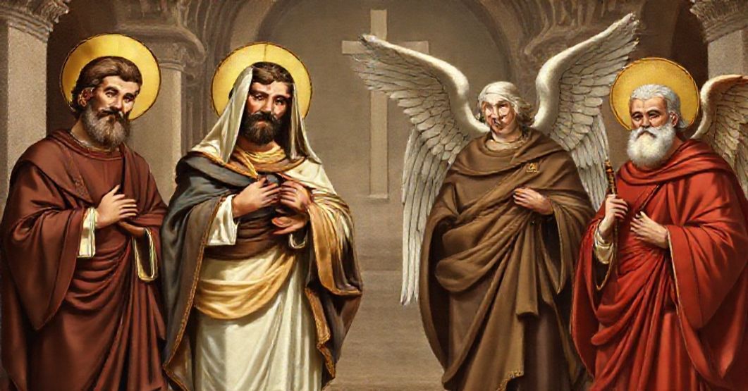 Saint Joseph and Saint Michael as Patrons of Toluca A reverent depiction of Saint Joseph, Saint Michael the Archangel, and other Catholic saints as patrons of the diocese of Toluca, emphasizing their role in defending the Faith against modern errors.