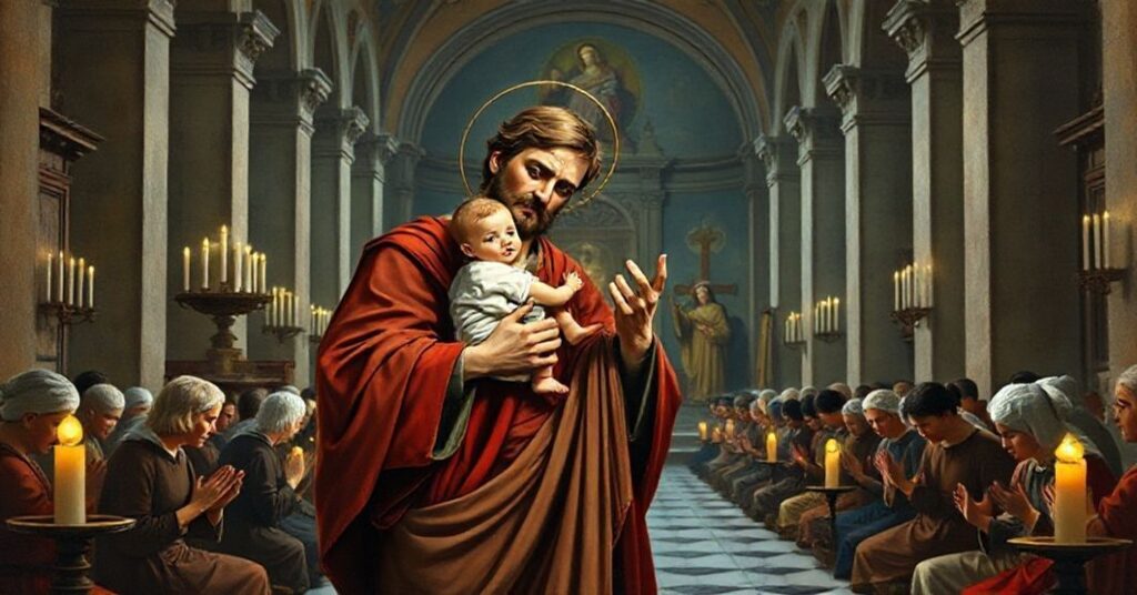 Saint Joseph as the principal heavenly patron of the diocese of Cúcuta, depicted in a traditional Catholic scene with the Divine Infant Jesus and the Blessed Virgin Mary.