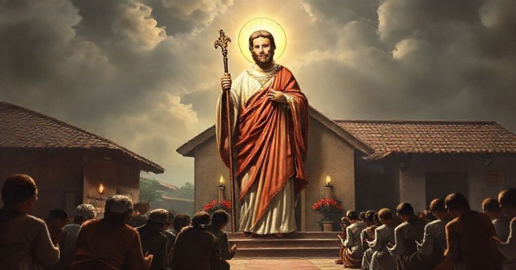 Saint Joseph as the principal heavenly patron of the Diocese of Tapachula in 1959, depicted in a reverent and traditional Catholic scene.