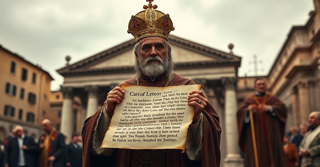 Saint Leo the Great and the Deception of Aeterna Dei Sapientia Saint Leo the Great holding a scroll with traditional Catholic doctrine, contrasted with antipope John XXIII in the background, symbolizing the deception of Aeterna Dei sapientia.