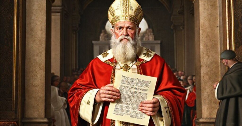 Saint Leo the Great depicted in a traditional Catholic setting, contrasting his defense of Church unity with the modernist manipulation of his legacy by the conciliar revolution.