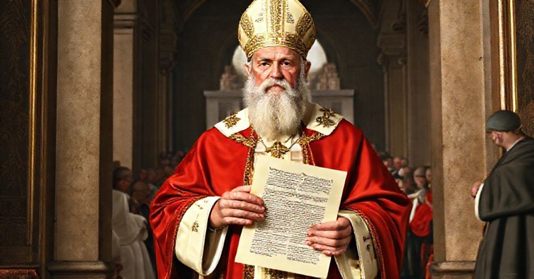 Saint Leo the Great depicted in a traditional Catholic setting, contrasting his defense of Church unity with the modernist manipulation of his legacy by the conciliar revolution.