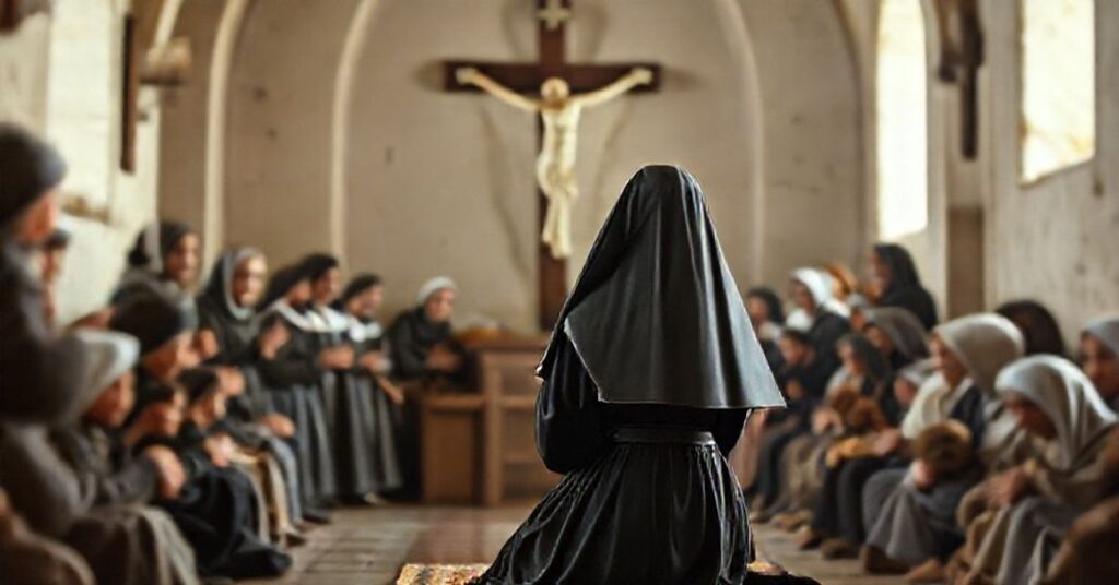 Saint Louise de Marillac praying in a chapel with the poor, symbolizing authentic Catholic charity versus modern social activism