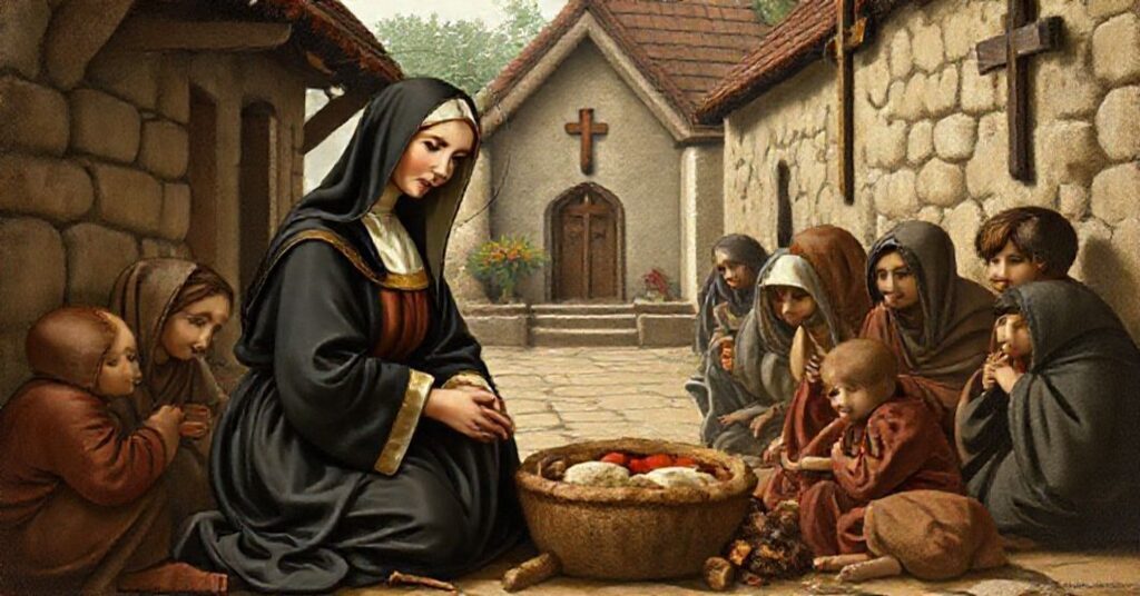 Saint Louise de Marillac tending to the poor in a traditional 17th-century French village setting, emphasizing supernatural charity rooted in faith.