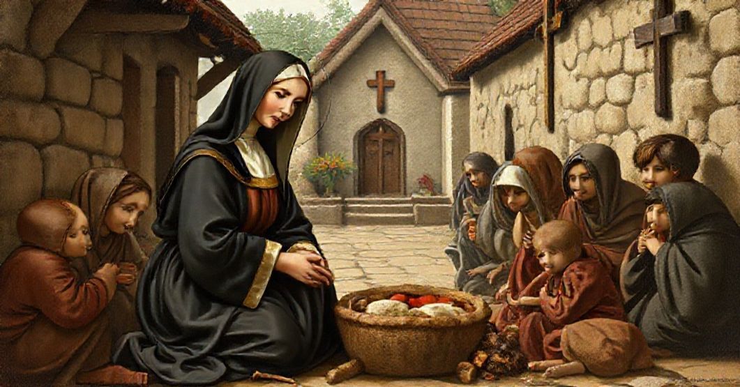 Saint Louise de Marillac - Patroness of True Catholic Charity Saint Louise de Marillac tending to the poor in a traditional 17th-century French village setting, emphasizing supernatural charity rooted in faith.