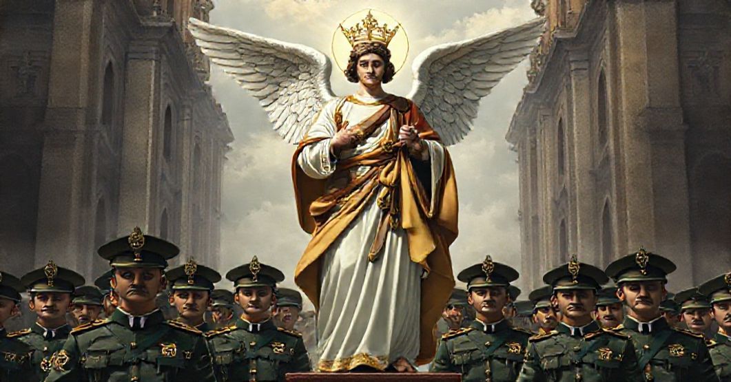 Saint Michael Co-opted: A Conciliar Distortion of Divine Patronage Saint Michael the Archangel depicted as patron of Brazilian military forces in a traditional Catholic setting, highlighting the conciliar regime's usurpation of divine patronage.