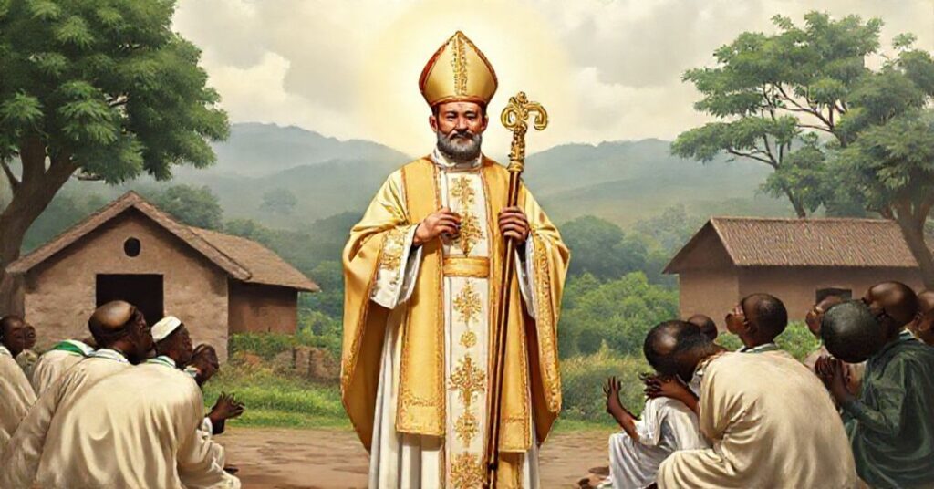 Saint Patrick as the patron of the Diocese of Ibadan, Nigeria, depicted in a traditional Catholic style.