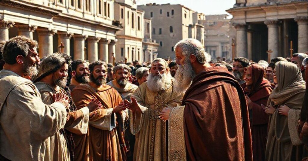 A reverent depiction of Saint Paul's arrival in Rome, welcomed by the Roman faithful on the Via Appia.