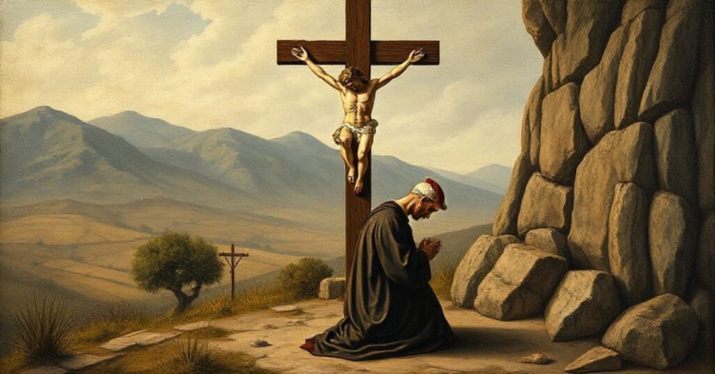 Saint Peter of Alcantara in prayer, symbolizing traditional Catholic asceticism amidst the landscape of El Palancar.