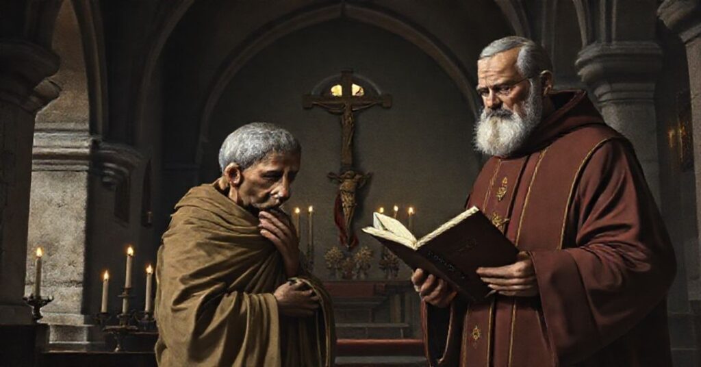 Saint Peter of Alcántara in prayer at a Franciscan monastery with a pre-1958 priest holding the Syllabus Errorum.