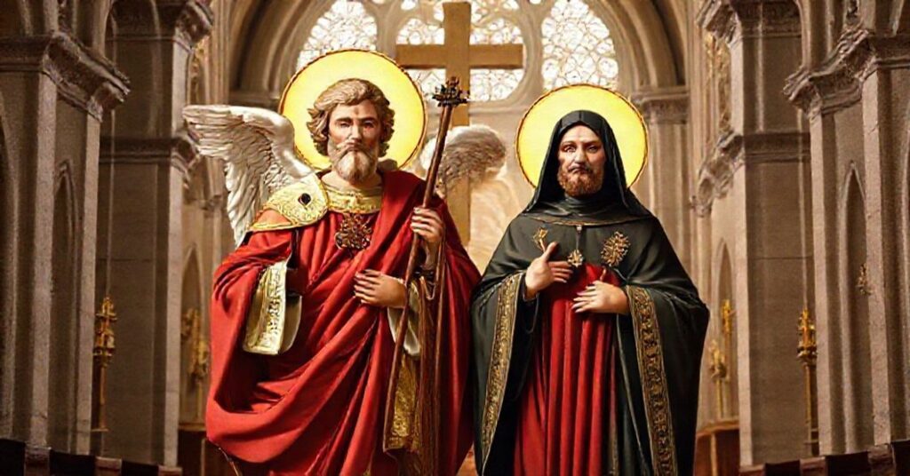Saint Raphael the Archangel and Saint John Mary Vianney standing in the Archdiocese of Dubuque, Iowa, symbolizing their patronage under traditional Catholic teachings.