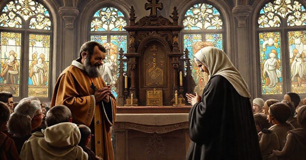 A reverent depiction of St. Vincent de Paul and St. Louise de Marillac in prayer before an altar, surrounded by the poor. The scene highlights the authentic Vincentian spirit in contrast to conciliar perversion.