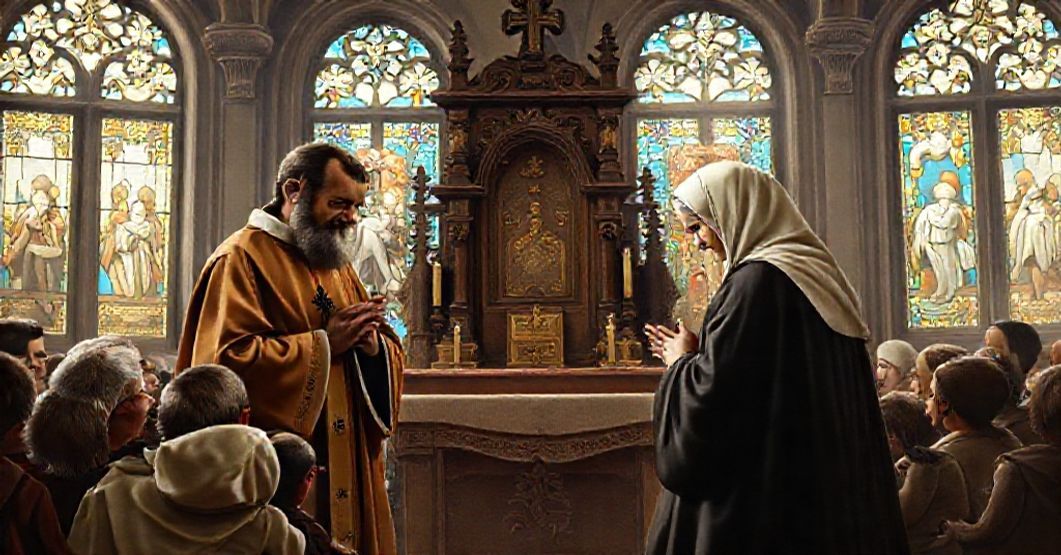 A reverent depiction of St. Vincent de Paul and St. Louise de Marillac in prayer before an altar, surrounded by the poor. The scene highlights the authentic Vincentian spirit in contrast to conciliar perversion.