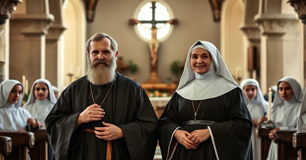 St. Vincent de Paul and St. Louise de Marillac depicted in a traditional Catholic setting, surrounded by Daughters of Charity, engaging in acts of charity with a subtle reference to antipope John XXIII's manipulation.