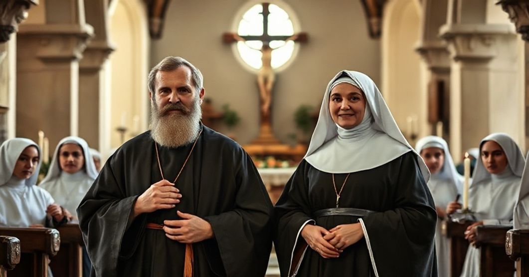 St. Vincent de Paul and St. Louise de Marillac depicted in a traditional Catholic setting, surrounded by Daughters of Charity, engaging in acts of charity with a subtle reference to antipope John XXIII's manipulation.