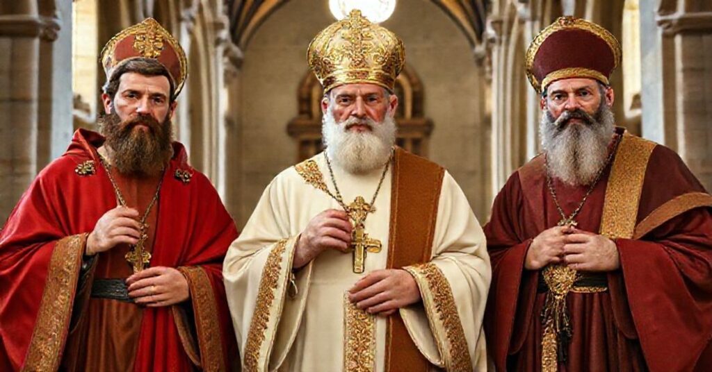 Saint Lawrence the Martyr, Saint Adalbert, Bishop and Martyr, Saint George, Martyr, and Saint Bernard, Abbot depicted together in traditional Catholic attire before a historic cathedral.