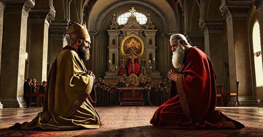 Saints Cyril and Methodius kneeling in prayer before the Holy See, symbolizing their fidelity to Rome amid the conciliar revolution's distortions.