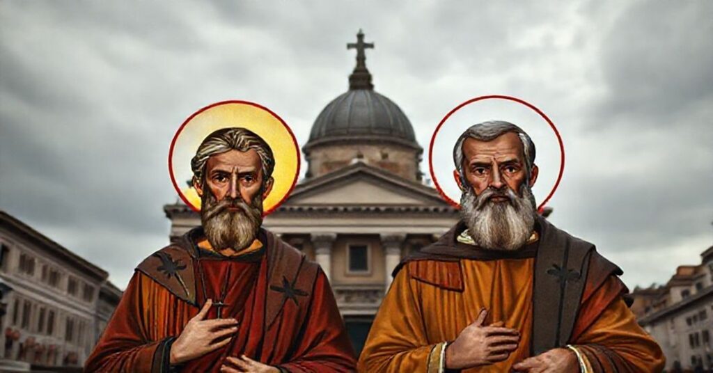 Saint James the Less and Saint Philip depicted in solemn manner before the Basilica of the Holy Apostles in Rome. A reverent image reflecting Catholic tradition and doctrinal concerns about the Second Vatican Council.