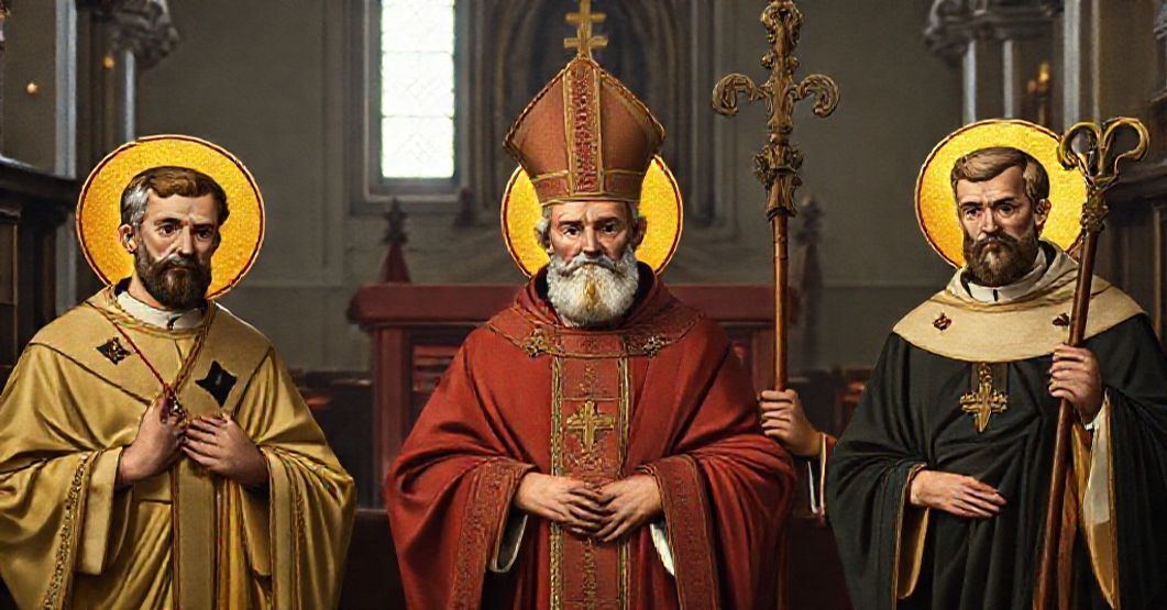 Saints as Patrons in Traditional Catholic Art Saints Lawrence, Adalbert, and George as patrons of Culm with St Bernard as patron of Pelplin in a solemn church setting.