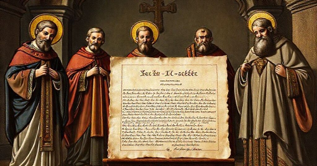 A traditional Catholic image depicting Saints Lawrence, Adalbert, George, and Bernard as patrons of Culm and Pelplin, with a solemn Latin document titled 'Beati Caelites' from 1960.