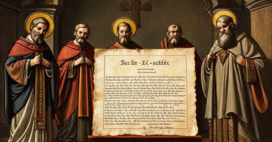 Saints as Patrons of Culm and Pelplin - Beati Caelites (1960) A traditional Catholic image depicting Saints Lawrence, Adalbert, George, and Bernard as patrons of Culm and Pelplin, with a solemn Latin document titled 'Beati Caelites' from 1960.