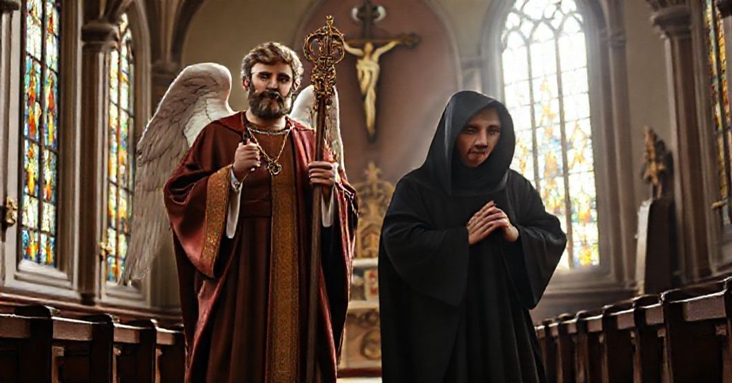 St. Raphael the Archangel and St. John Mary Vianney in a traditional Catholic church, symbolizing divine protection and spiritual strength against modernist heresies.