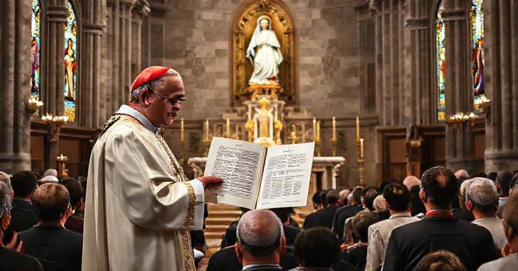 The Deceptive Use of Marian Devotion in 'Salutare Sidus' Apostolic Letter A Catholic bishop holding 'Salutare Sidus' apostolic letter in a historic cathedral with congregation praying before the statue of the Immaculate Conception.