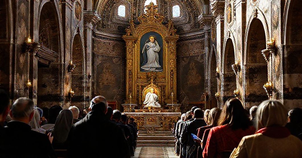 A reverent depiction of the Sanctuary of St. Thérèse in Anzio, Italy, as a Minor Basilica, showcasing its Romanesque architecture and sacred relics.