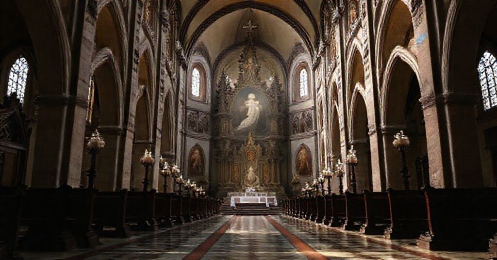Sandomierz Cathedral adorned with Gothic architecture and Marian iconography, symbolizing Poland's fidelity to Rome and the betrayal by the conciliar revolution.
