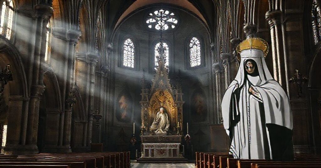 Historic Cathedral of the Nativity of the Blessed Virgin Mary in Sandomierz, Poland, with Gothic architecture and Marian devotion symbolizing the contrast between traditional Catholicism and conciliar usurpation.