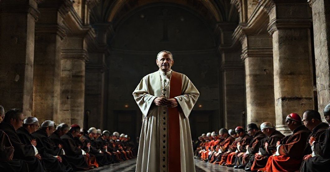 A solemn Catholic priest delivers a secret allocution to the Roman Curia in a dimly lit consistory hall, surrounded by ancient Roman architecture.