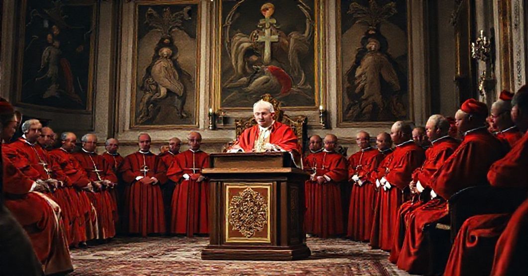 Secret Consistory of 16 January 1961: Giovanni Roncalli and the Cardinal A solemn scene from the secret consistory of 16 January 1961, featuring Giovanni Roncalli (John XXIII) addressing cardinals in the Vatican's Apostolic Palace.