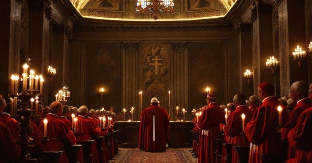 A solemn image of a secret consistory in Vatican City in 1962, presided over by John XXIII, featuring cardinals in traditional scarlet robes.