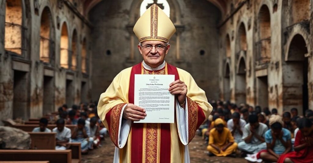 Sedevacantist Catholic bishop holding 'Quemadmodum Apostolici' letter in a ruined mission church in Madagascar.