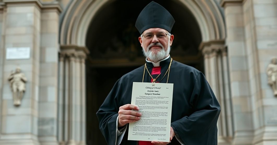 Sedevacantist Bishop Reflects on Si Ingratae Mentis A sedevacantist Catholic bishop in traditional vestments stands solemnly in front of an Argentine cathedral, holding a copy of 'Si ingratae mentis' by antipope John XXIII.