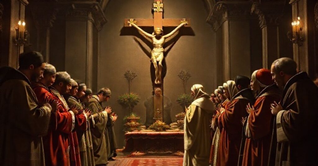 A solemn depiction of St. Vincent de Paul and St. Louise de Marillac in a traditional Catholic setting, symbolizing the ideological subversion by the usurper John XXIII.