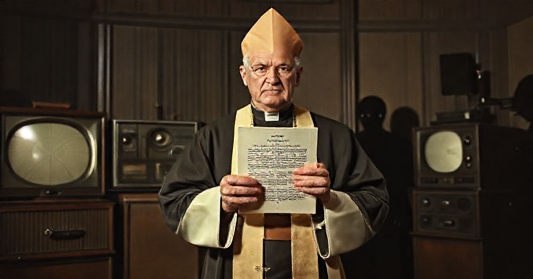 A sedevacantist Catholic priest in traditional vestments stands solemnly in front of a 1950s broadcasting studio, holding a copy of Pius XII's encyclical 'Miranda prorsus', surrounded by shadowy figures representing the media industry.