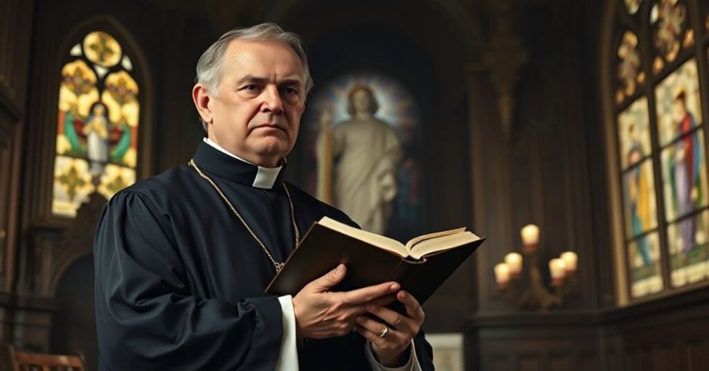 A solemn depiction of a sedevacantist priest in a traditional Catholic chapel, emphasizing the contrast between authentic devotion and modernist deviations.